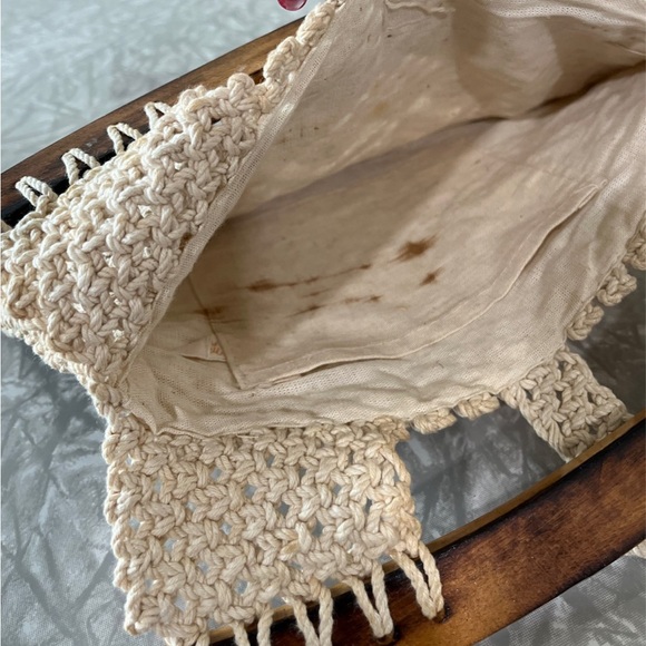 Vintage Crocheted and Lined Handbag Purse w/ Wood Handles - Picture 3 of 3